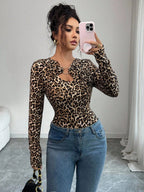 Damen nan figurbetonter Langarm-Body mit Leopardenprint und Zier-Ring R&B