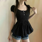 Damen Verspieltes Polka Dots Oberteil mit Rüschen und Knopfleiste R&B
