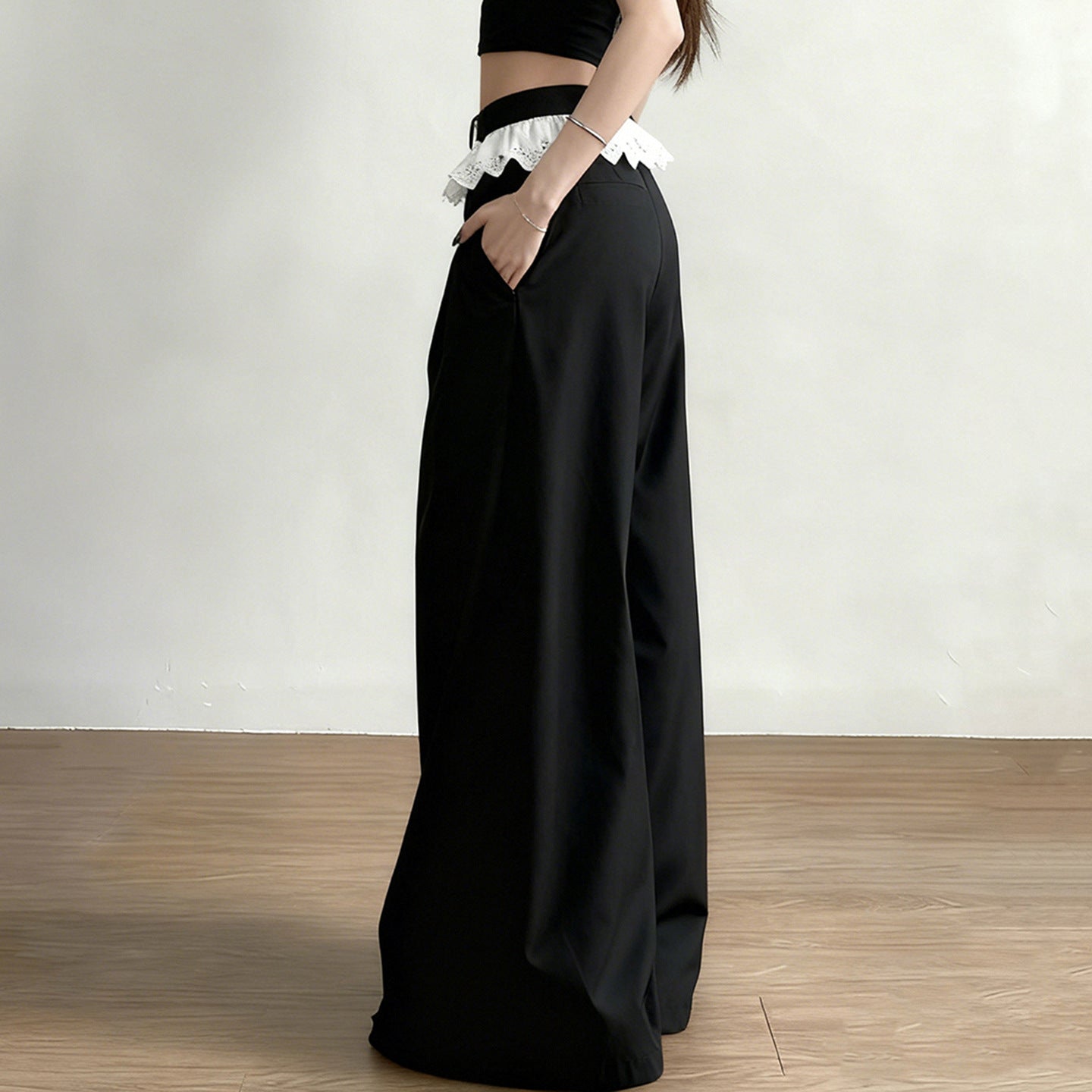 Damen Elegante weite High-Waist-Hose mit Spitzenbesatz R&B