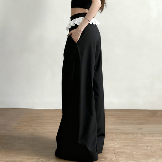 Damen Elegante weite High-Waist-Hose mit Spitzenbesatz R&B