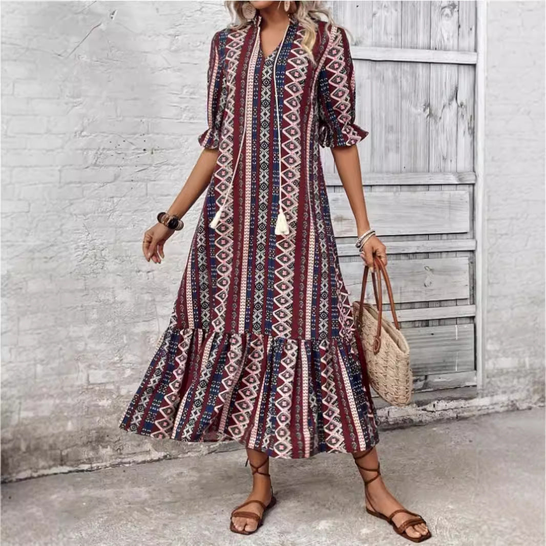 Damen Maxikleid mit grafischem Muster und detailreichen Volants R&B