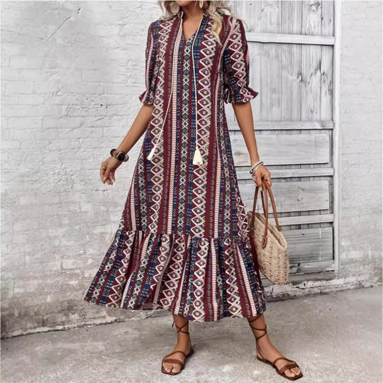 Damen Maxikleid mit grafischem Muster und detailreichen Volants R&B