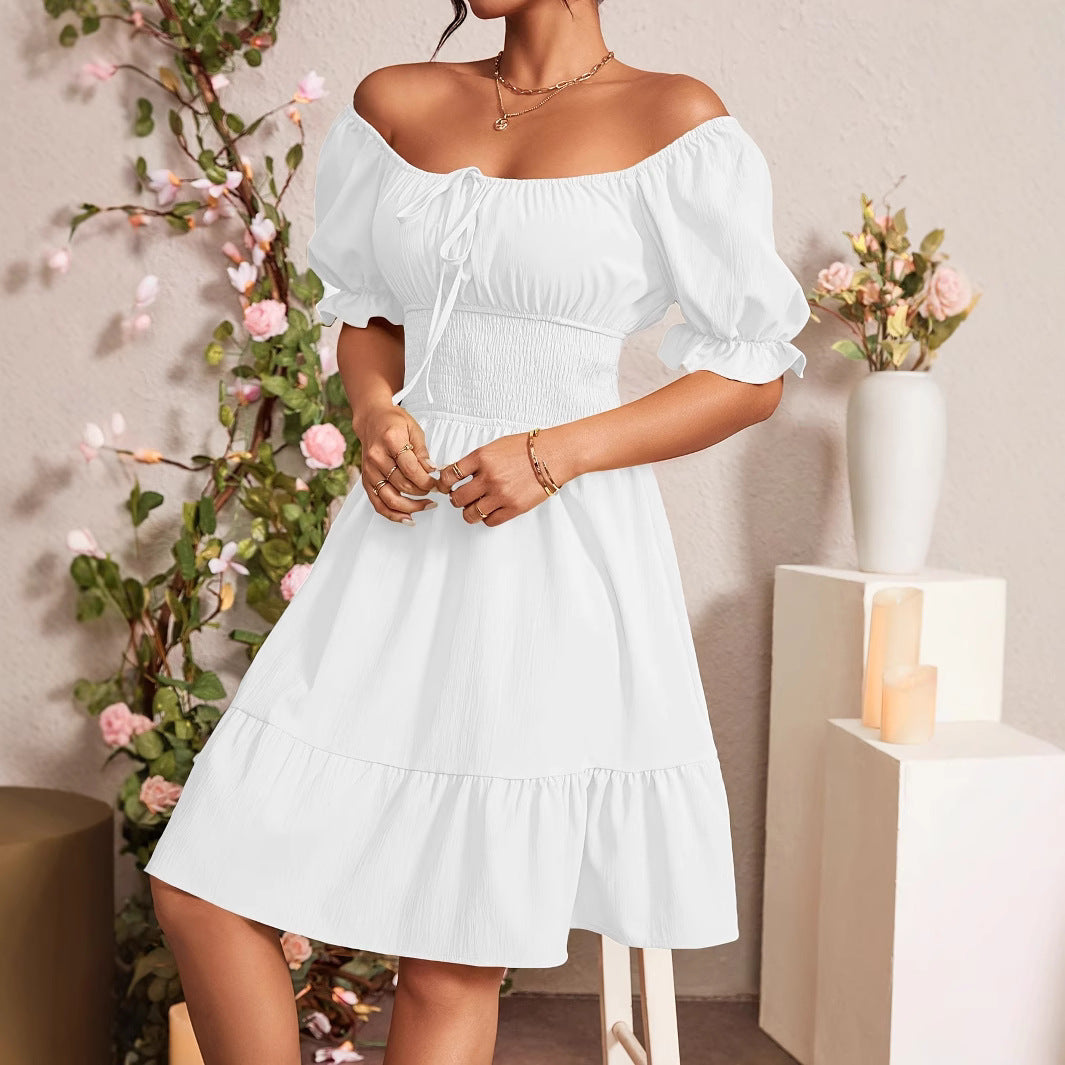 Damen Puffärmel Kleid mit elastischem Tailleneinsatz und Rüschensaum R&B