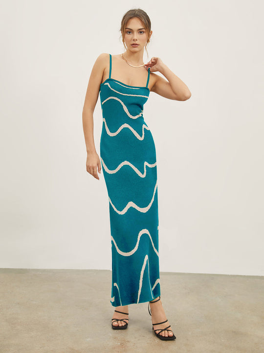Damen Maxikleid mit modernem Wellenmuster und feinen Spaghettiträgern R&B