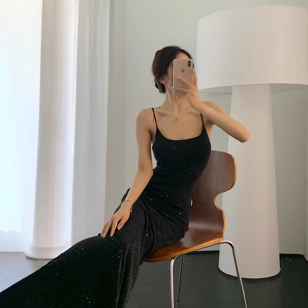 Damen Glamouröses Maxikleid mit eleganten Spaghetti-Trägern und ausgestelltem Saum R&B