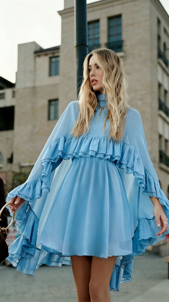 Damen Elegantes Rüschendress mit hochgeschlossenem Ausschnitt und fließendem Schnitt R&B