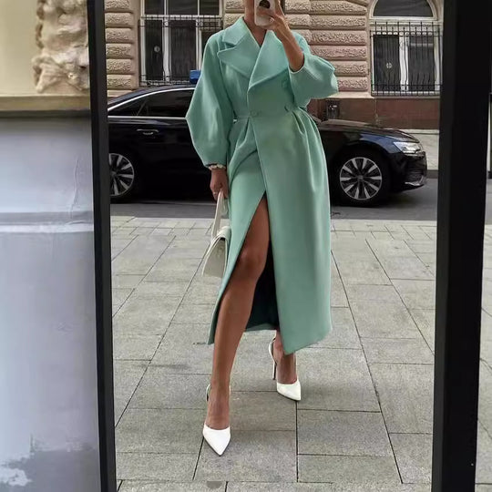 Damen eleganter Trenchcoat mit hohem Schlitz und Puffärmeln R&B