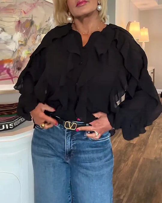 Damen nan semitransparente Lagenvolant-Bluse aus Chiffon mit Ballonärmeln und verdeckter Knopfleiste R&B