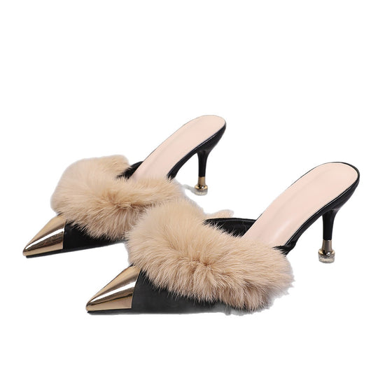 Damen modische Slingback-Pumps mit luxuriösem Kunstfellkragen und glänzendem Metallabsatz R&B