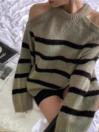 Damen Off-Shoulder Strickpullover mit Streifenmuster und lässigem Schnitt R&B