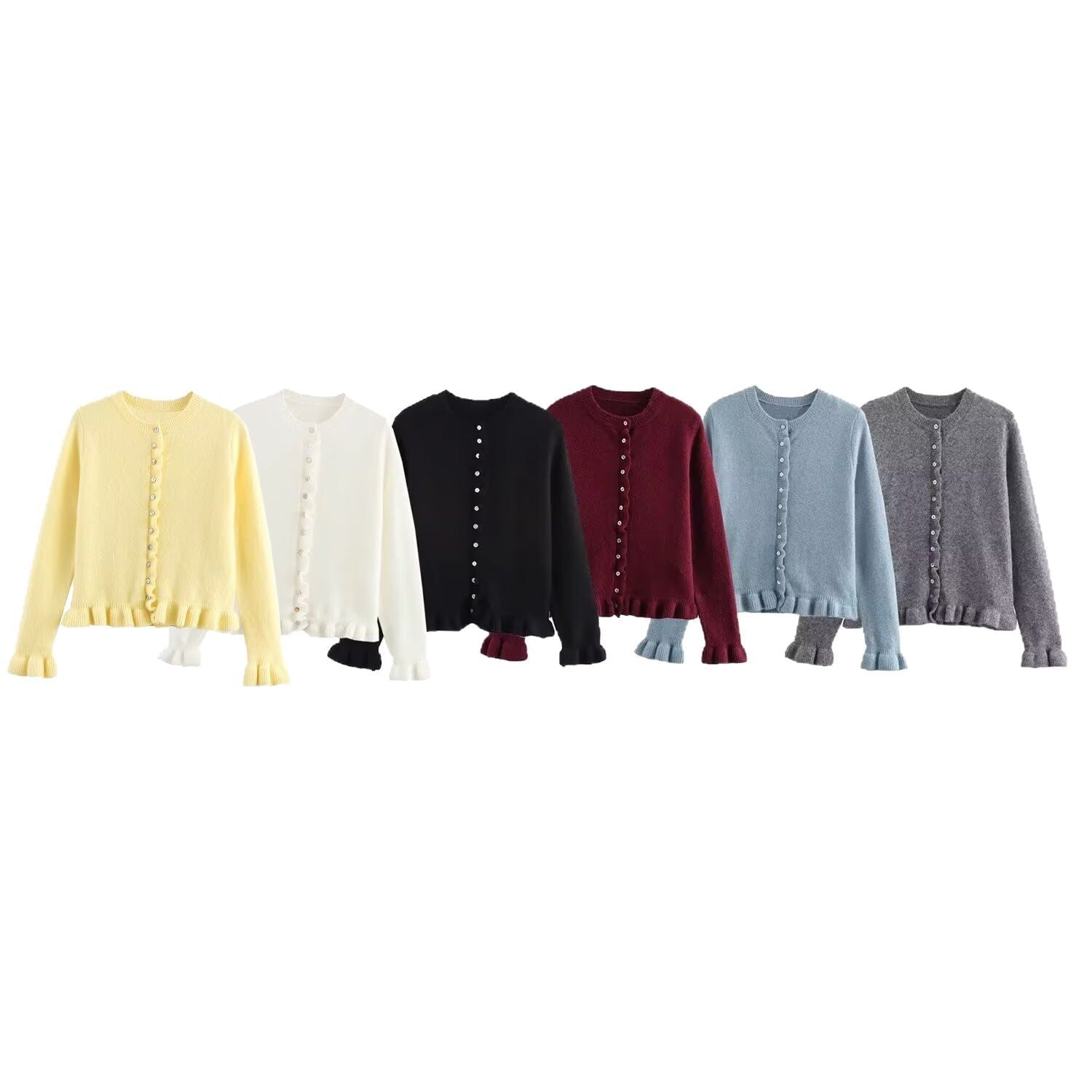 Damen Strickjacke mit dekorativem Rüschensaum und Knopfverschluss R&B