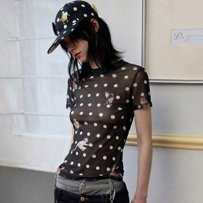 Damen Figurbetontes Polka-Dot T-Shirt mit verspieltem Tierdesign R&B