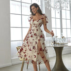 Damen Midikleid mit floralem Applikationsdesign und Puffärmeln R&B