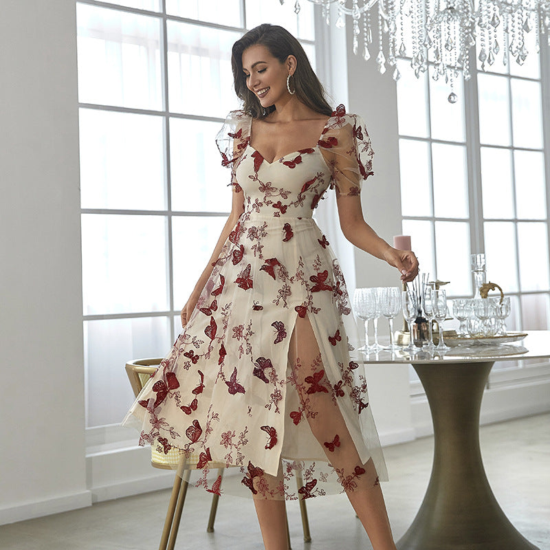 Damen Midikleid mit floralem Applikationsdesign und Puffärmeln R&B
