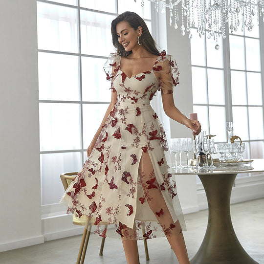 Damen Midikleid mit floralem Applikationsdesign und Puffärmeln R&B