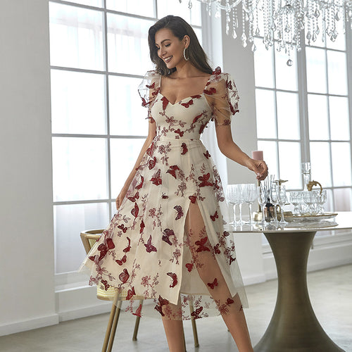Damen Midikleid mit floralem Applikationsdesign und Puffärmeln R&B