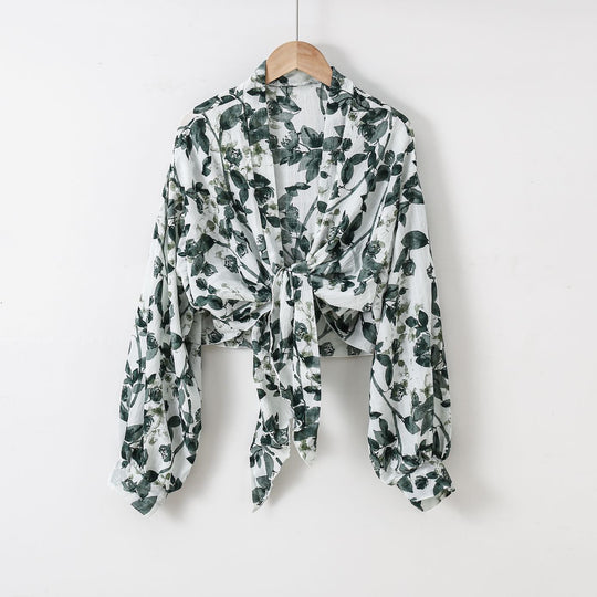 Damen nan florale Knoten-Bluse im Wickelstil mit Ballonärmeln und leichter Leinenoptik R&B