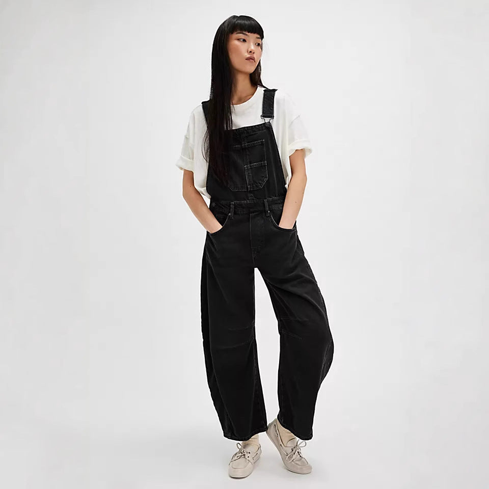 Damen lässige Denim-Latzhose im modernen Schnitt mit verstellbaren Trägern R&B