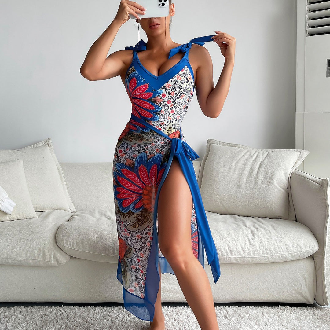 Damen Eleganter und komfortabler Blumendruck-Badeanzug mit passendem Wickelrock R&B