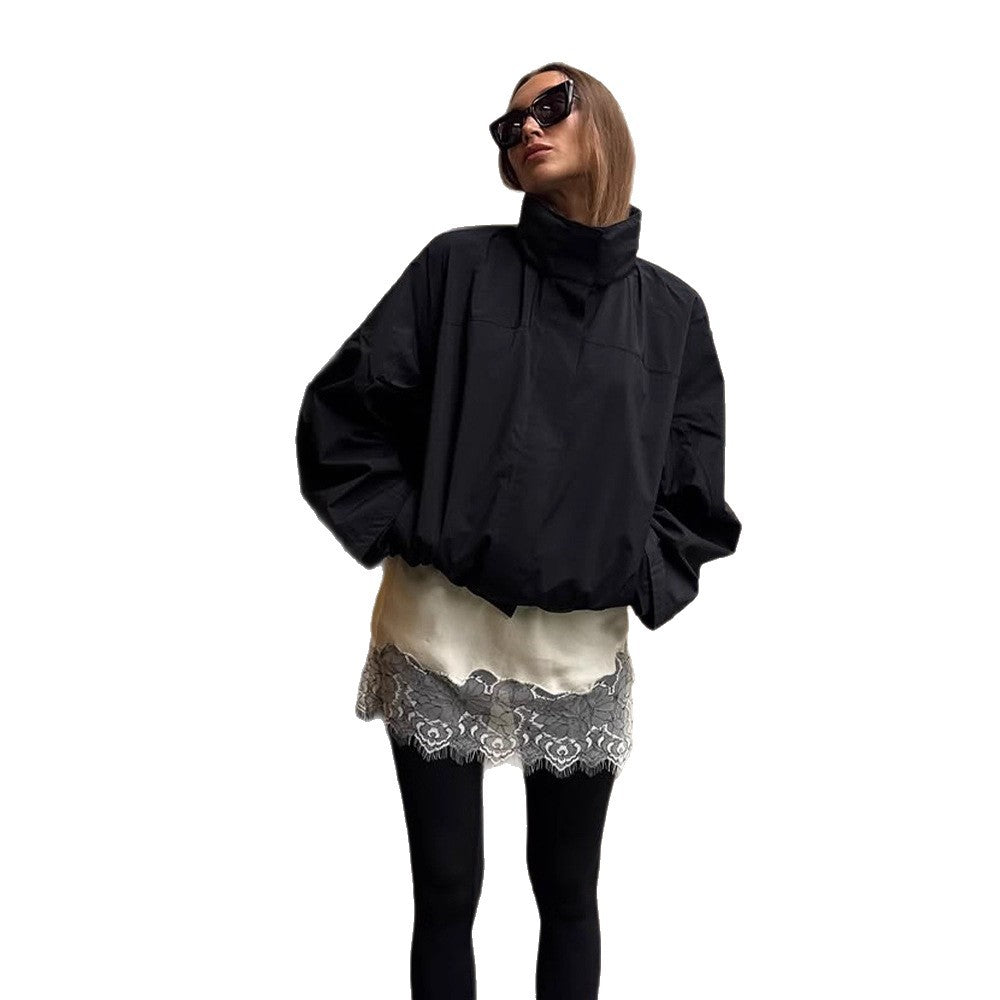 Damen lässige oversized Jacke mit hohem Kragen und verstellbarem Verschluss R&B