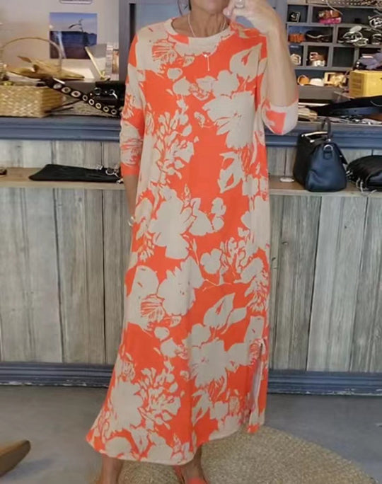 Damen nan fließendes A-Linien-Maxikleid mit Dreiviertelärmeln Rundhalsausschnitt Seitenschlitz und Eingrifftaschen R&B