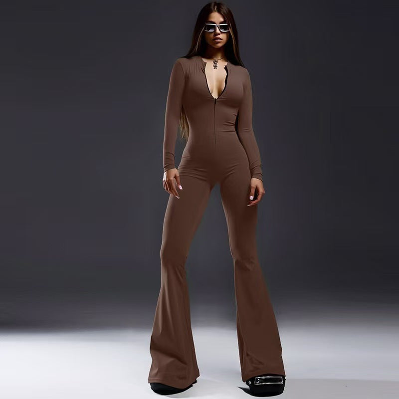 Damen Figurbetonter Jumpsuit mit tiefem V-Ausschnitt und ausgestellten Beinen R&B