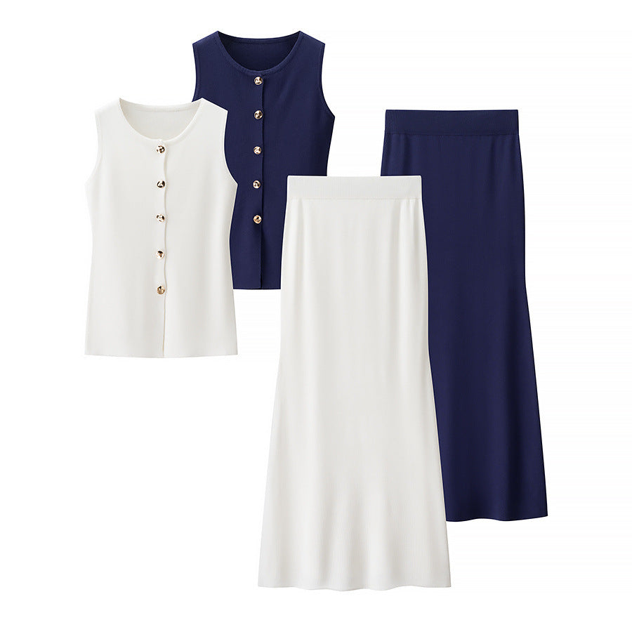 Damen Set aus ärmellosem Oberteil mit Knopfdetails und schwingendem Rock R&B
