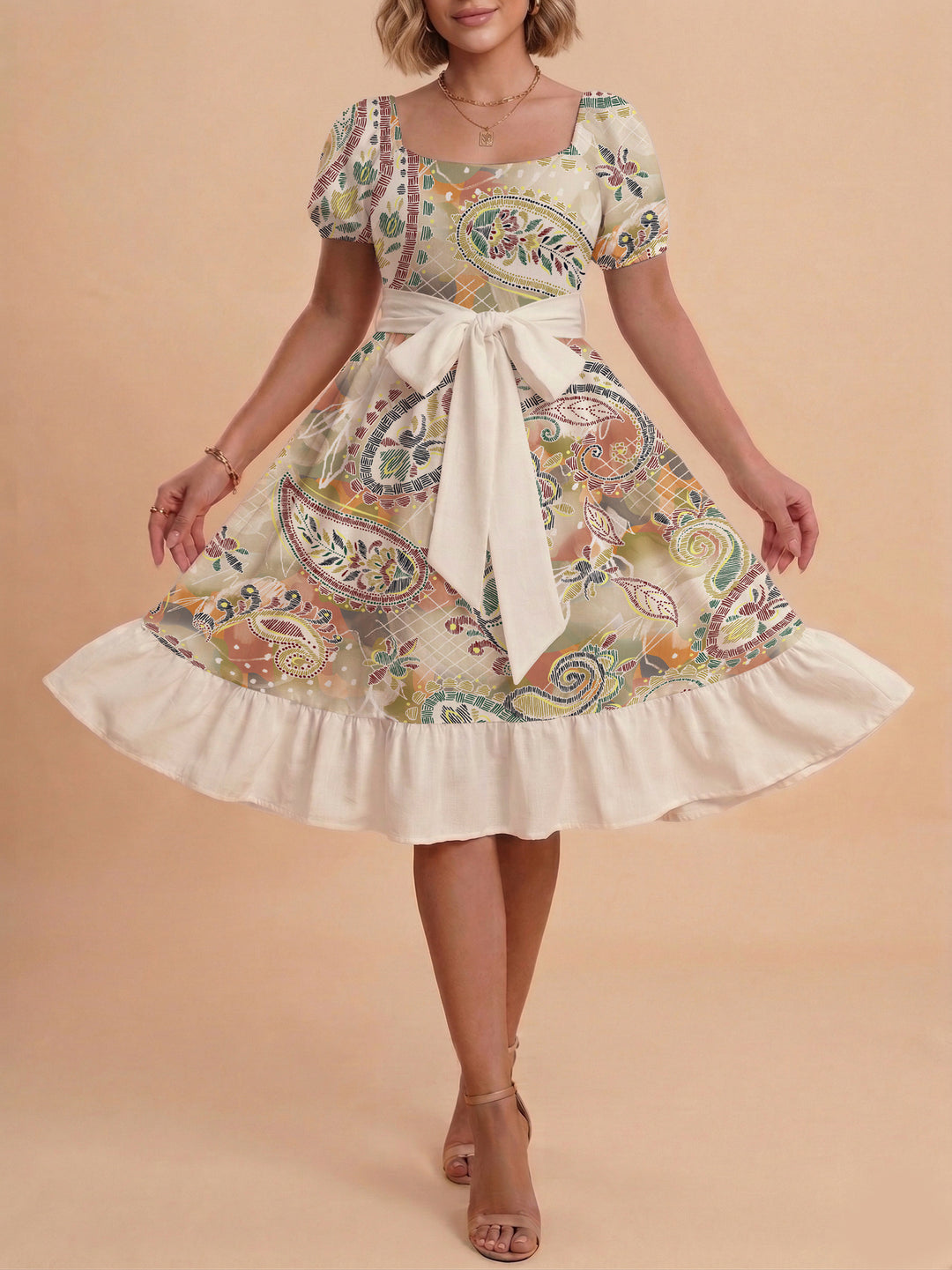 Damen modernes Blumenkleid mit elegantem Taillengürtel und asymmetrischem Saum R&B