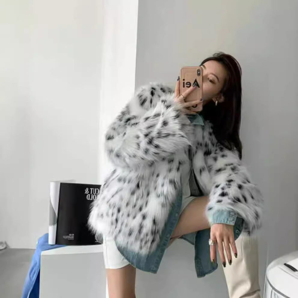 Damen Trendige Kunstfelljacke mit auffälligem Muster und voluminösem Schnitt R&B