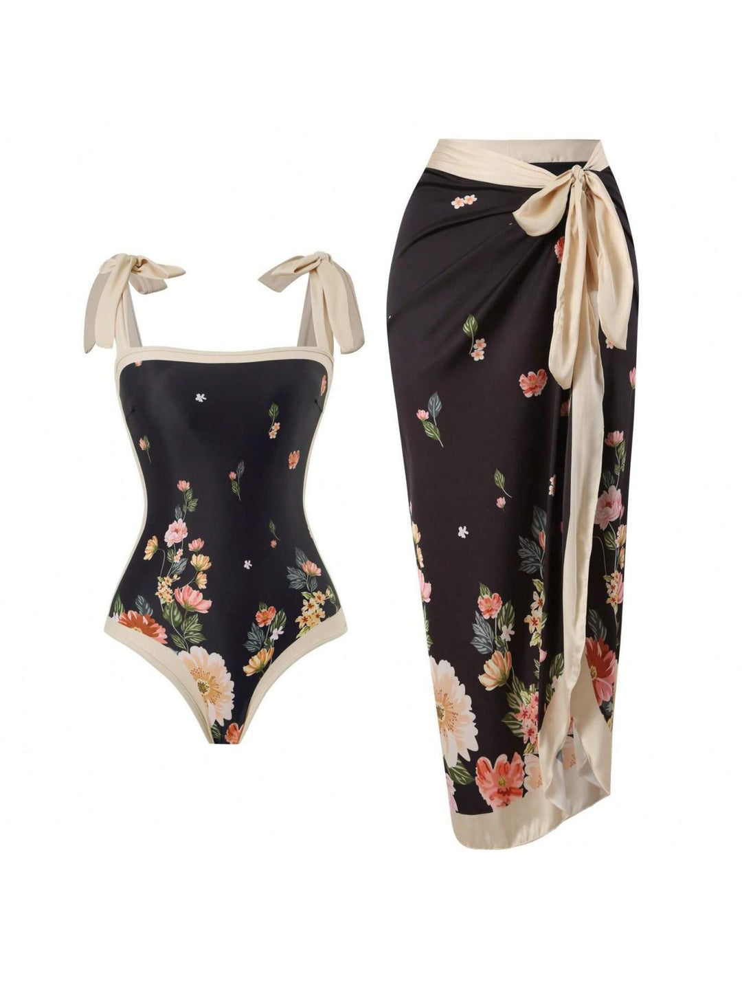 Damen Eleganter Badesuit mit floralen Akzenten und modischem Wickelrock R&B