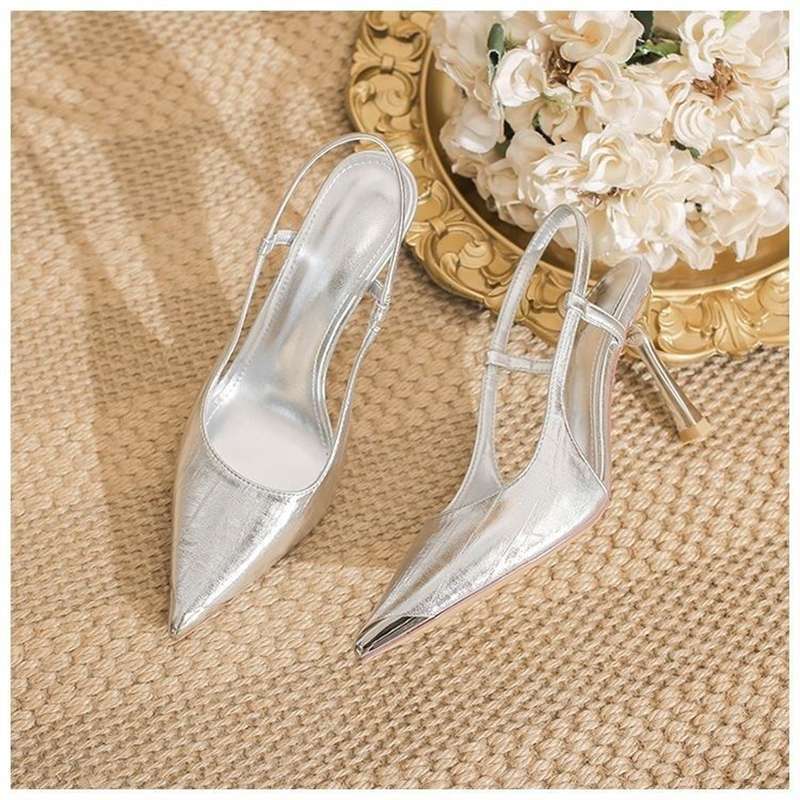 Damen Slingback High Heel Schuhe aus glänzendem Silber R&B
