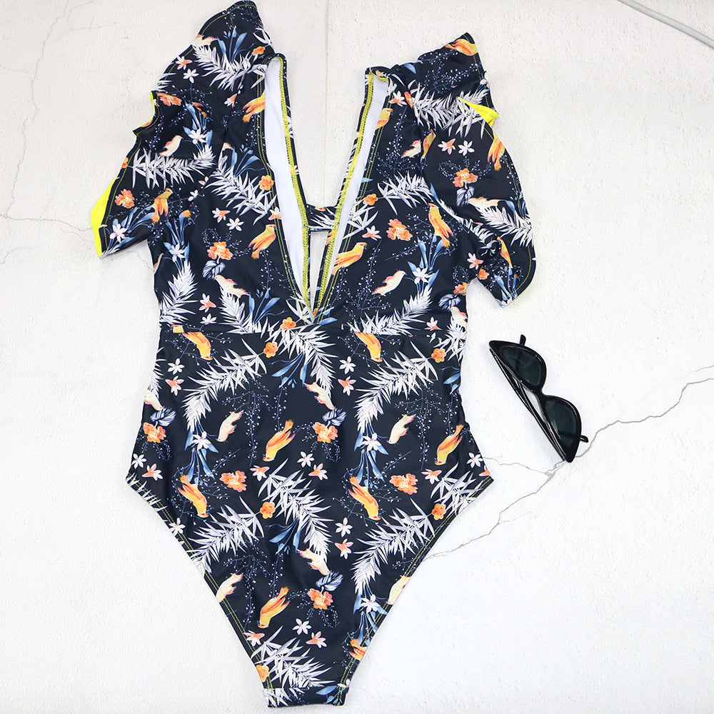 Damen Badeanzug mit floralem Design und frischem Wickelbund R&B