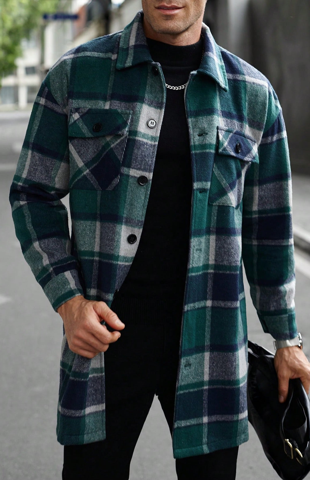 Herren karierte Flanelljacke mit knöpfbaren Taschen und modernem Schnitt R&B