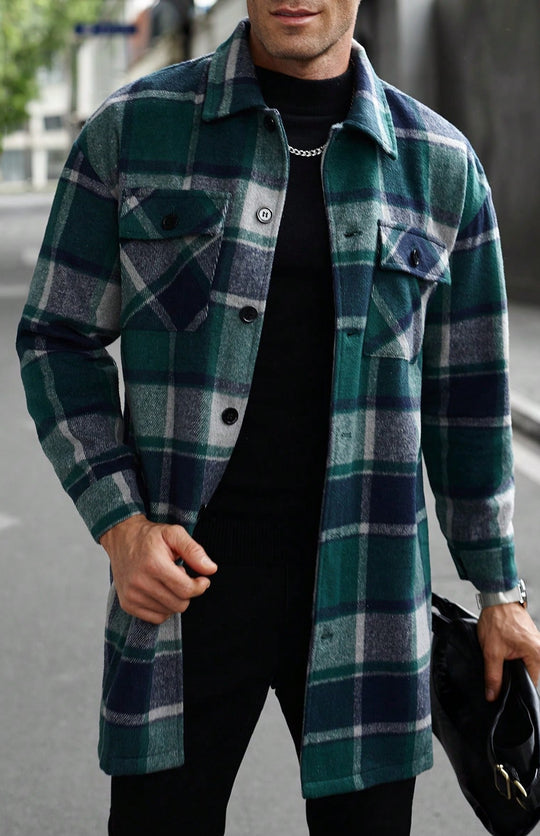 Herren karierte Flanelljacke mit knöpfbaren Taschen und modernem Schnitt R&B
