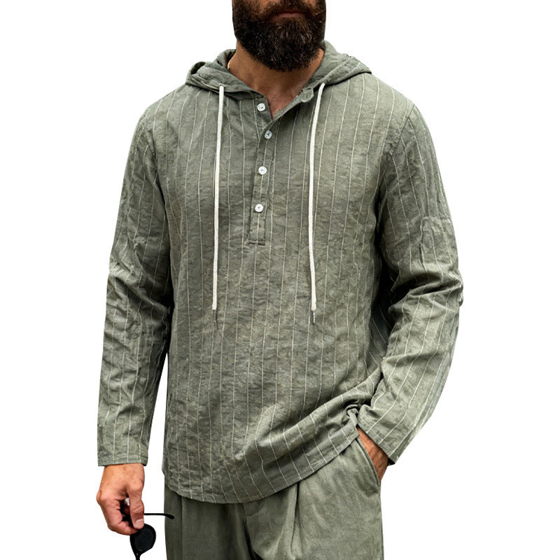 Herren nan Kapuzenshirt aus Leinenmix mit halber Knopfleiste und Nadelstreifen R&B