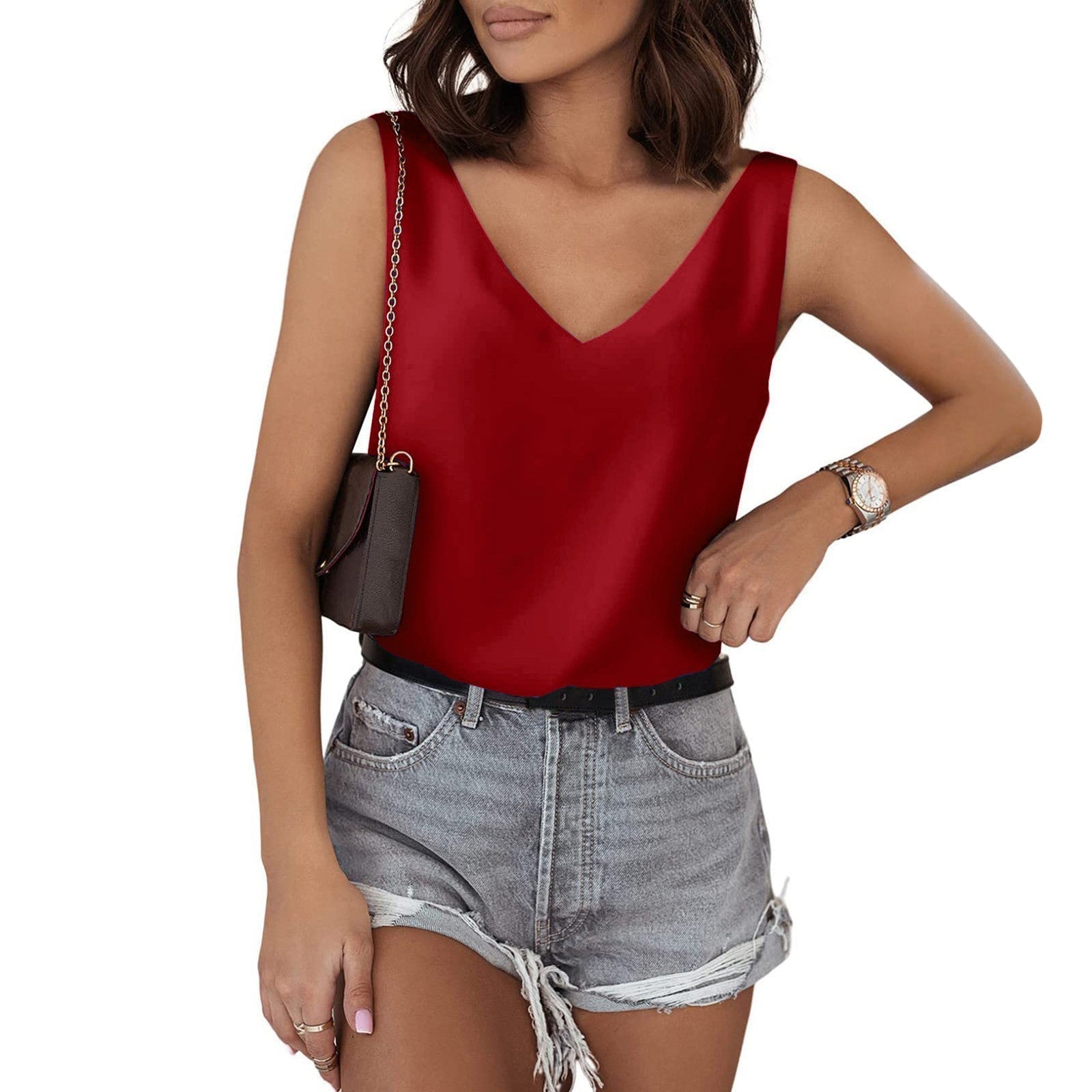 Damen Ärmelloses V-Ausschnitt Top Aus Hochwertigem Material Heidi-Mode