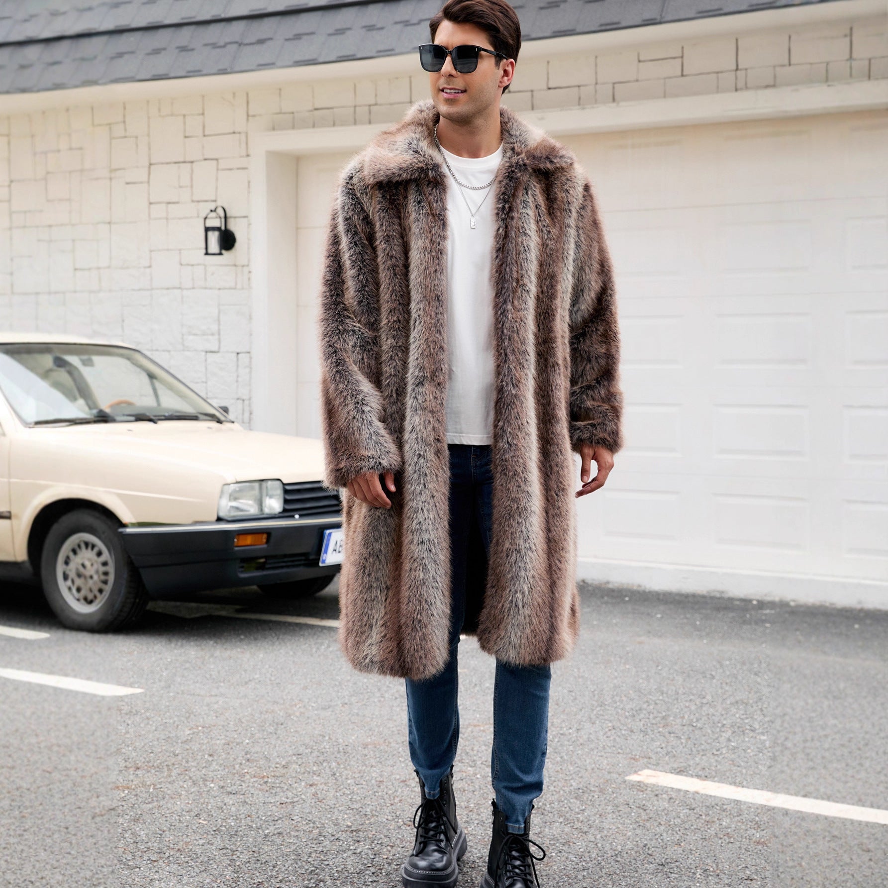 Herren Luxuriöser Kunstpelzmantel mit voluminösem Kragen und harmonischem Design R&B