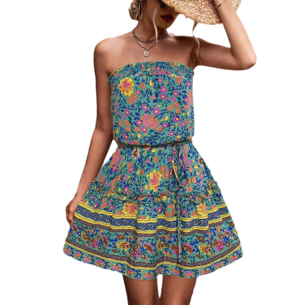 Damen Schulterfreies Minikleid mit buntem Blumenmuster und elastischem Taillenbund R&B