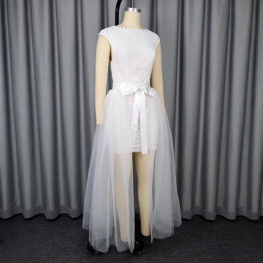Damen Midi-Brautkleid mit verziertem Oberteil und transparentem Tüll Überrock R&B