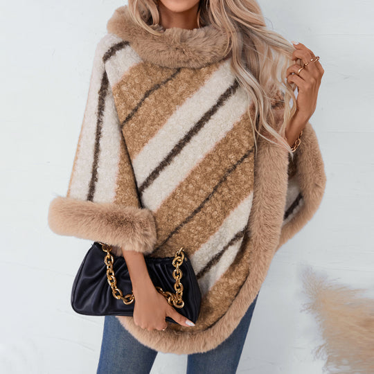 Damen eleganter poncho mit luxuriösem Fellbesatz R&B
