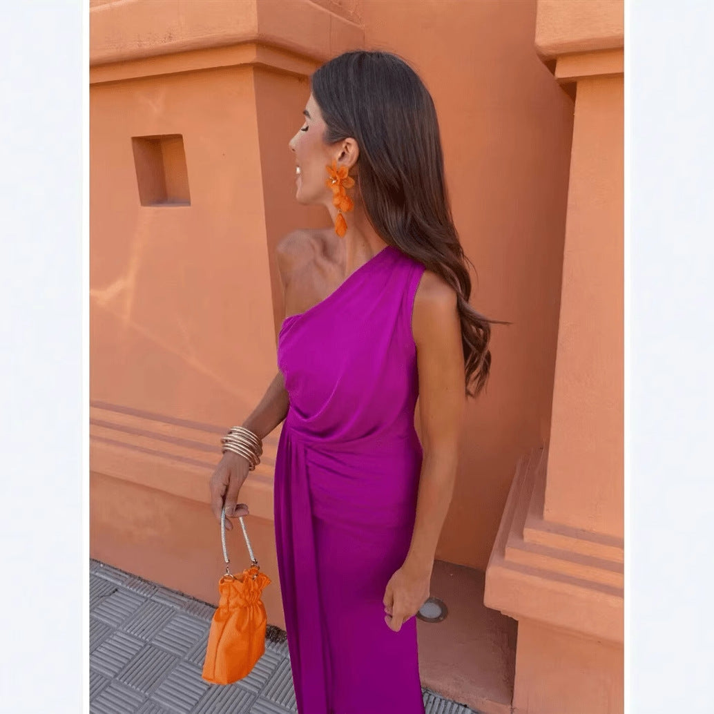 Damen Maxikleid mit asymmetrischem Ärmeldesign und eleganter Drapierung R&B