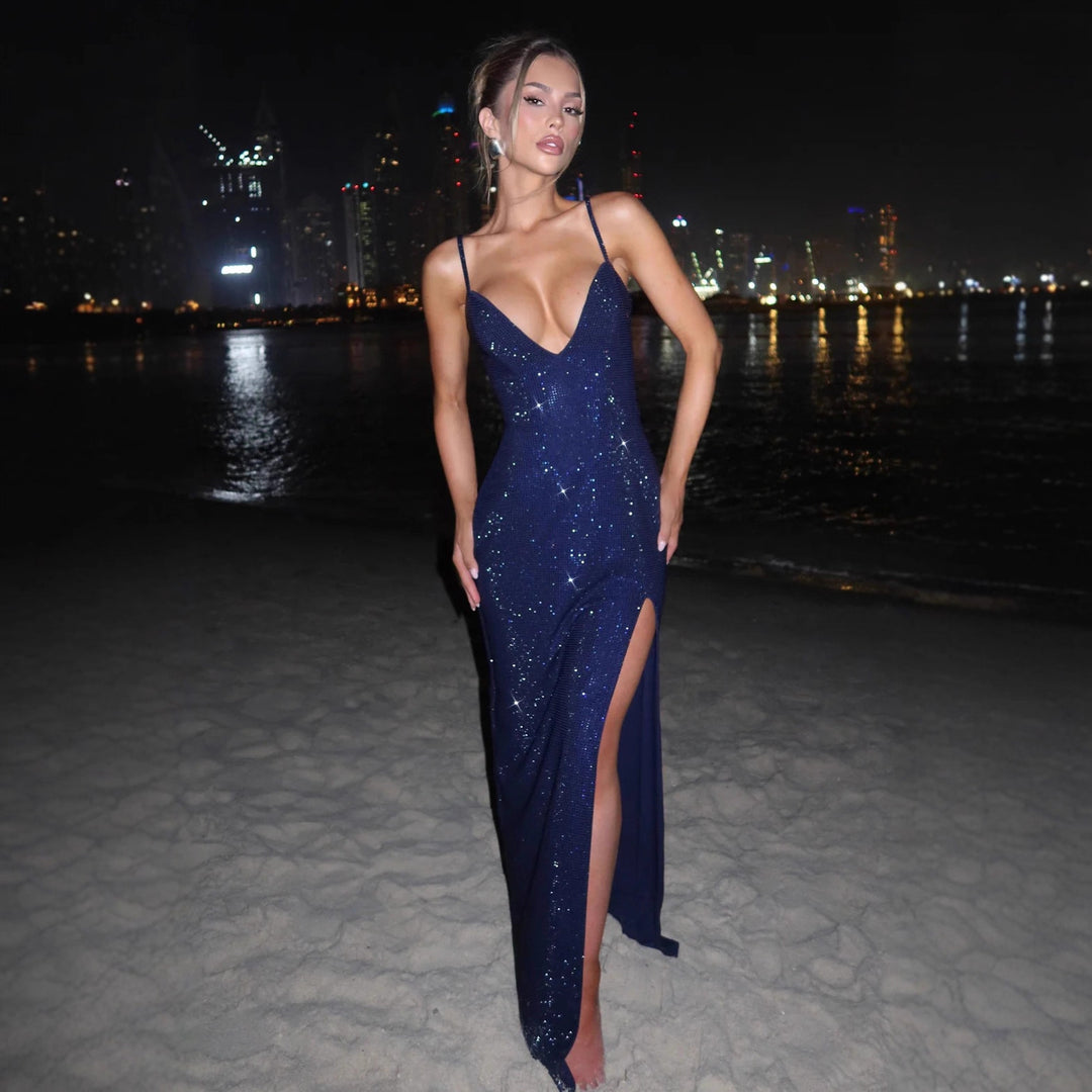 Damen Glamouröses Maxikleid mit tiefem V-Ausschnitt und strahlenden Pailletten R&B