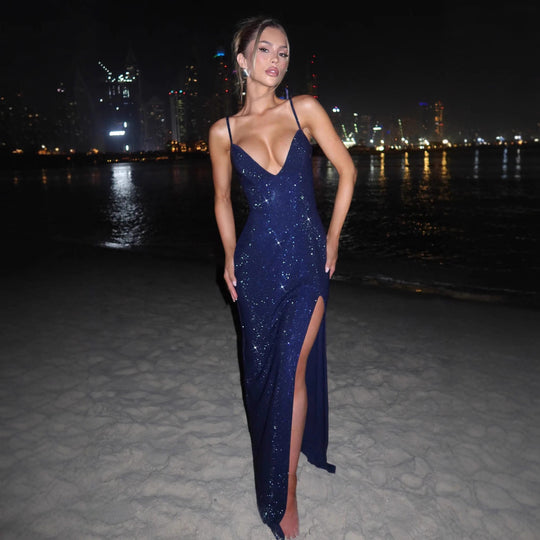Damen Glamouröses Maxikleid mit tiefem V-Ausschnitt und strahlenden Pailletten R&B
