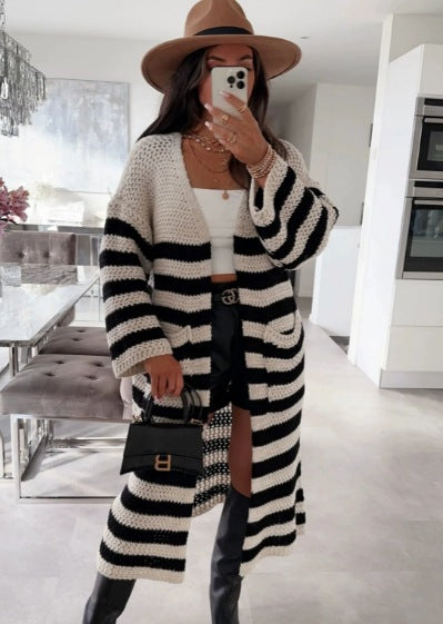 Damen Grobstrickjacke mit gestreiftem Design und lässigem Schnitt R&B