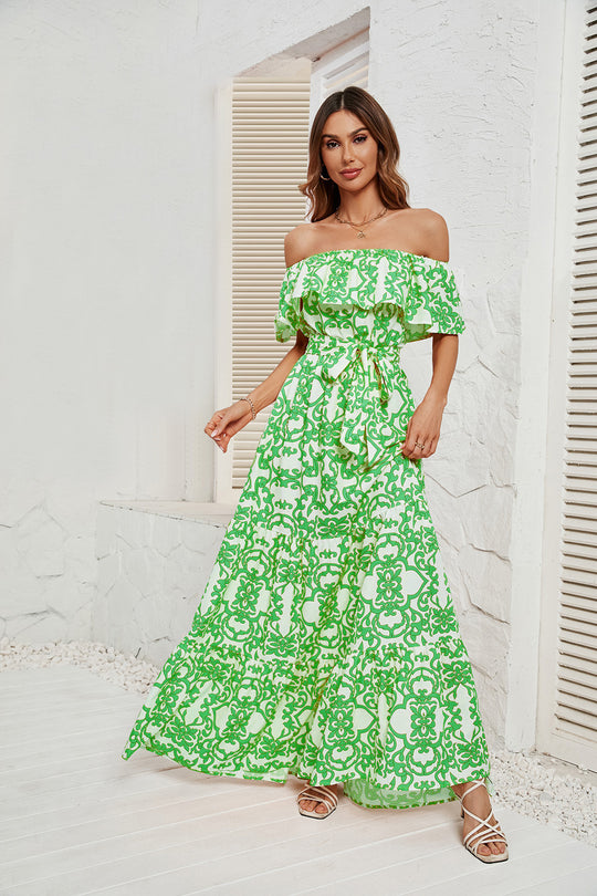 Damen Maxikleid mit schulterfreiem Design, frischem Blätterdruck und elastischer Taillierung R&B