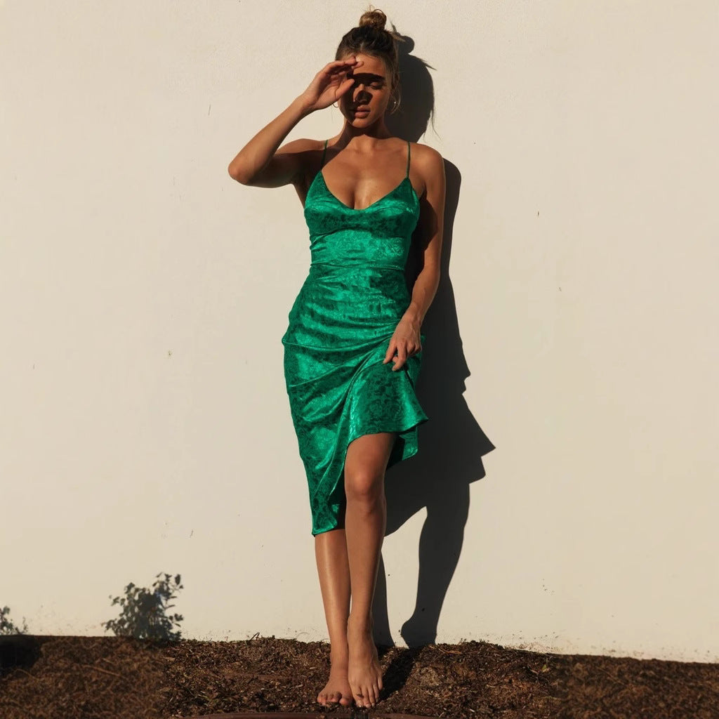 Damen elegantes Satin-Midikleid mit verstellbaren Trägern und raffiniertem Schnitt R&B