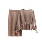 Damen modisches Strick-Loungewear-Set mit gerafftem Oberteil und midi Rock R&B