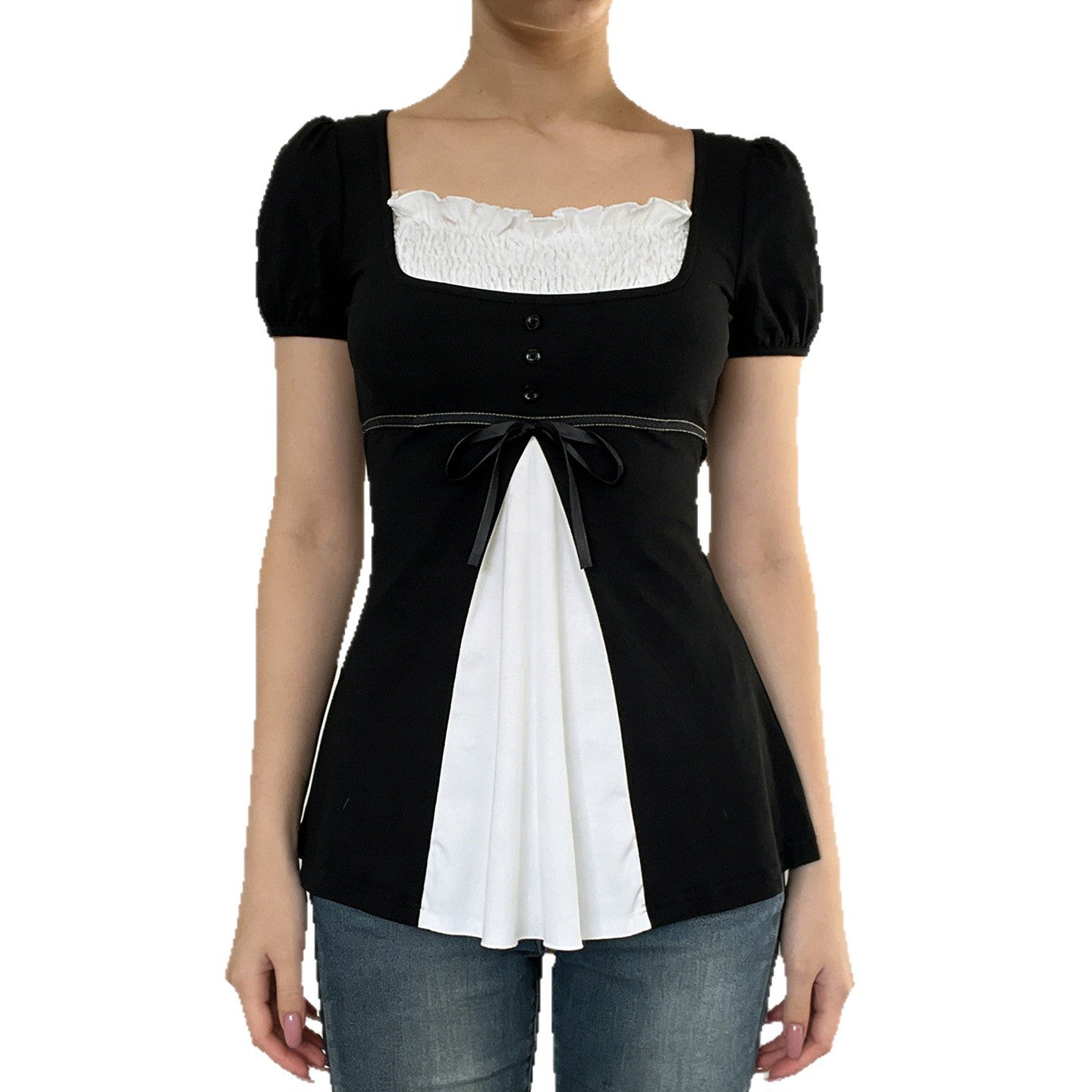 Damen elegantes Oberteil mit Puffärmeln und verspielten Schleifen R&B