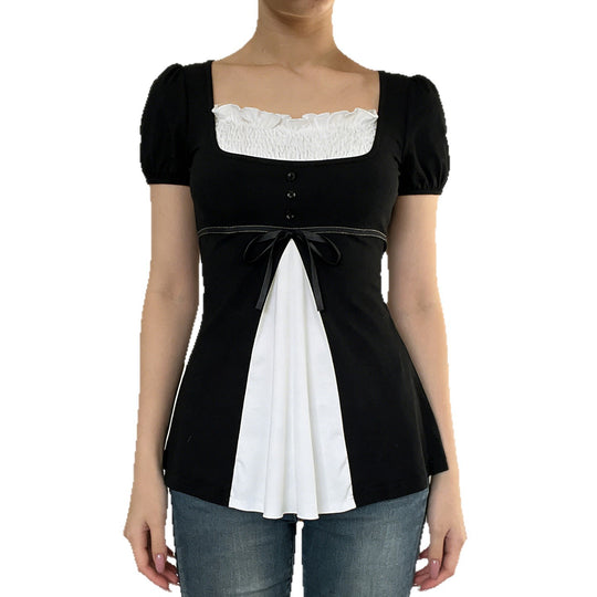 Damen elegantes Oberteil mit Puffärmeln und verspielten Schleifen R&B