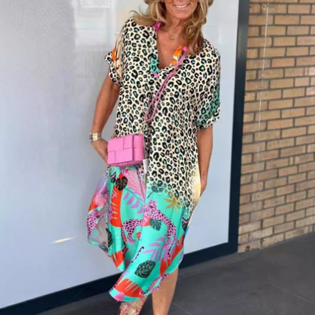 Damen nan locker sitzendes V-Ausschnitt Midikleid mit Leopardenmuster und Tropenmotiv R&B